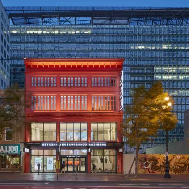 Exterior of the American Conservatory Theater at night. San Francisco, California.